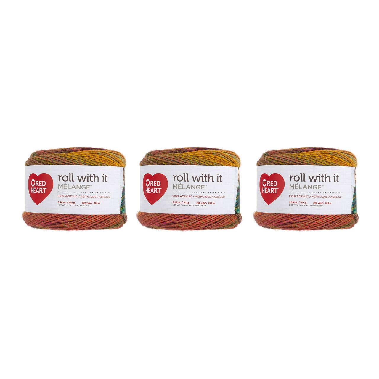 Red Heart Roll With It Melange Curtain Call Yarn - 3 Pack of 150g/5.3oz - Acrylic - 4 Medium (Worsted) - 389 Yards - Knitting/Crochet